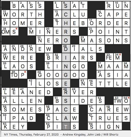 This crossword clue might have a different answer every time it appears on a new New York Times Puzzle, please read all the answers until you find the one that solves your clue. Today's puzzle is listed on our homepage along with all the possible crossword clue solutions. The latest puzzle is: NYT 01/02/24. Search Clue: OTHER CLUES 2 JANUARY.